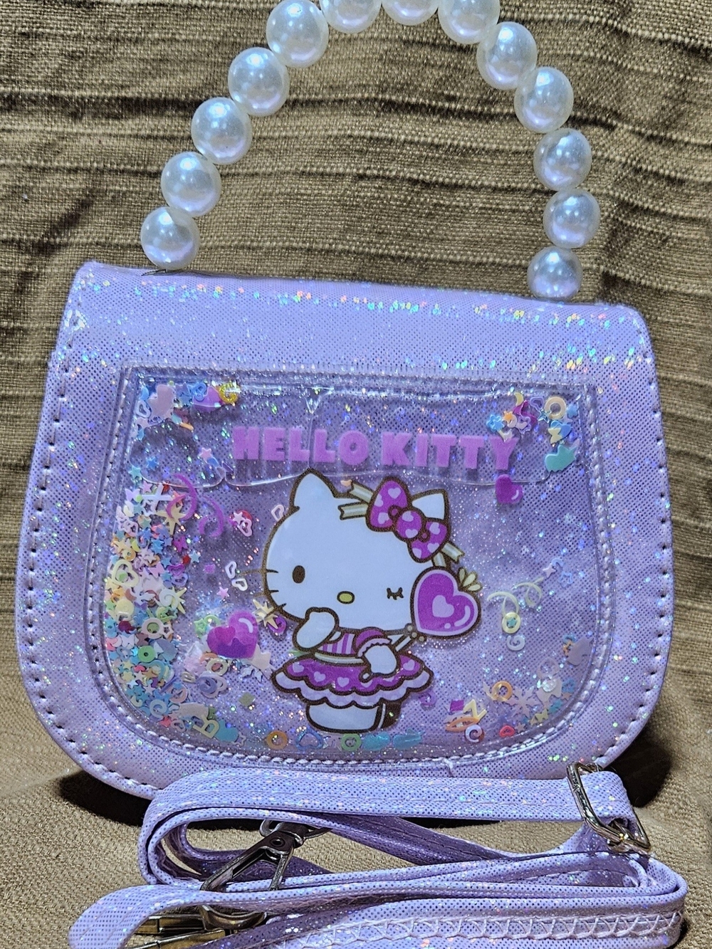 Hello Kitty Purple Glitter Kids Purse with Pearl Handle